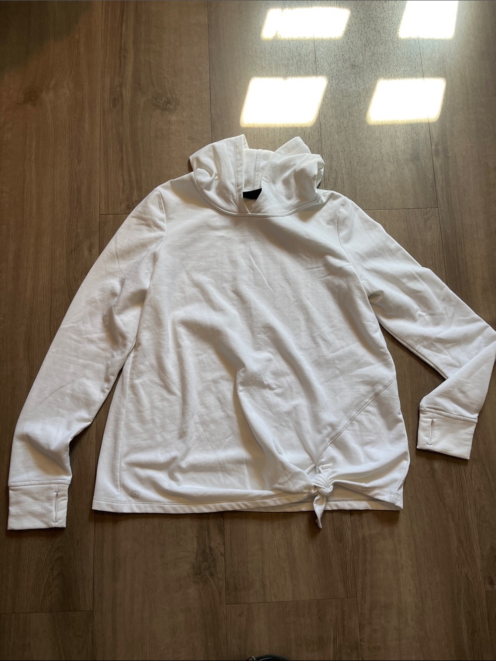 Women’s White Pullover Hoodie with Tie on the Bottom